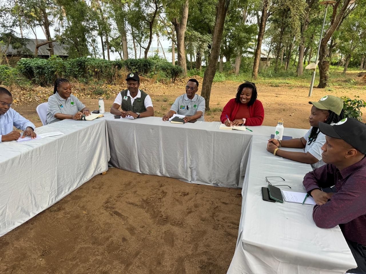 Six expert group members meeting at the Agroforestry symposium in Musoma, Tanzania, November 2024. From left to right: Dr Anthony Kimaro, Dr Siima Bakengesa, Dr John Recha, Thaddeus Mbowe, Elizabeth Githendu, Sarah Kezie, Dr Deusdedit Mlay. Photo by: David Maeri